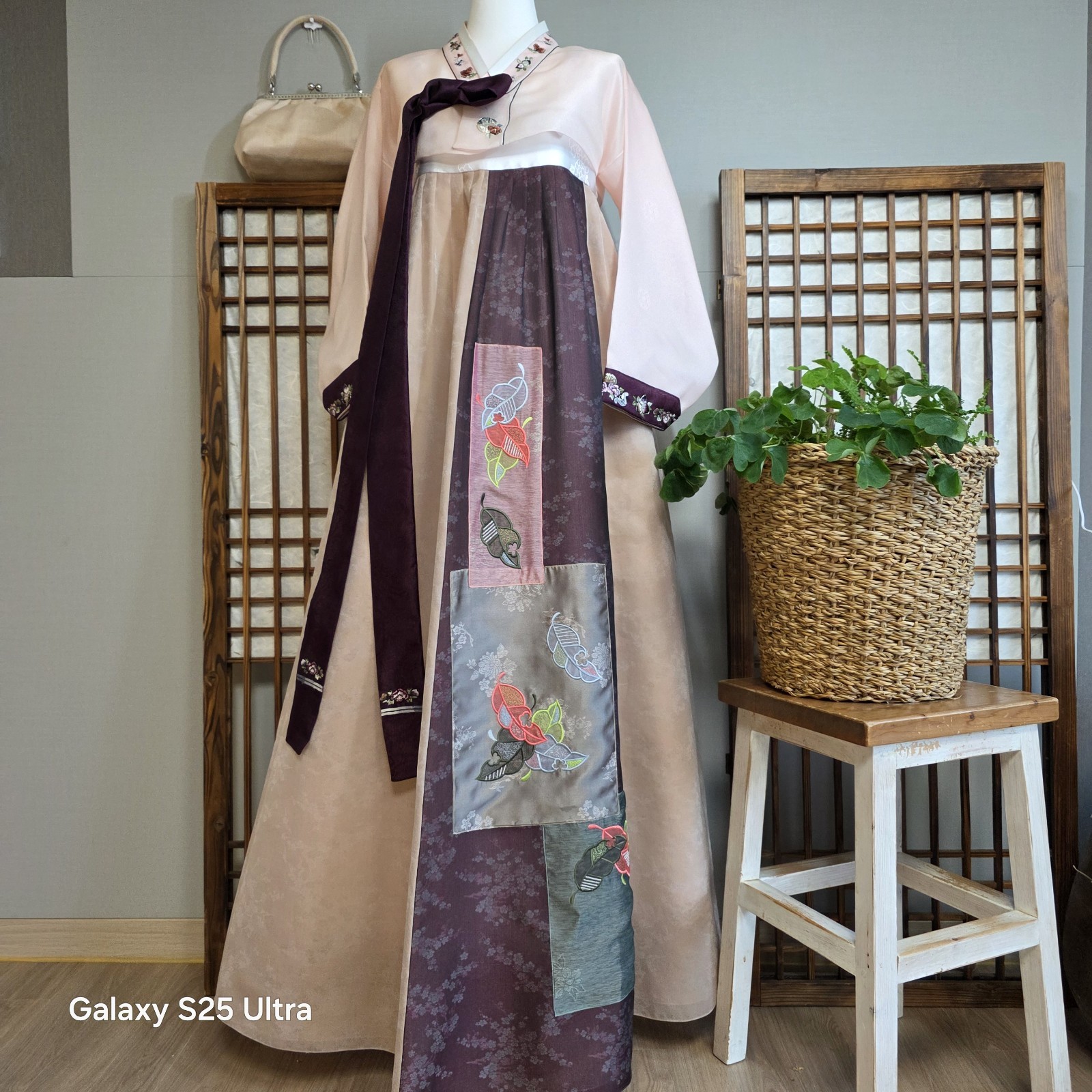 Korean Women Hanbok Set Blush Pink Jeogori Deep Plum Chima Embroidery Full Set