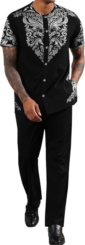 Mens African 2 Piece Set Nigerian Dashiki Metallic Short Sleeve Suit Gold Stamp