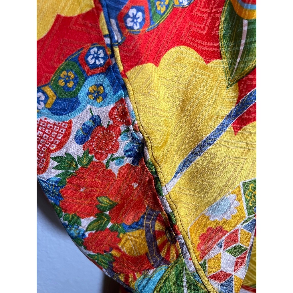 Vintage 70s Handmade Kimono Robe Japanese Childrens Multicolor Floral Fruit