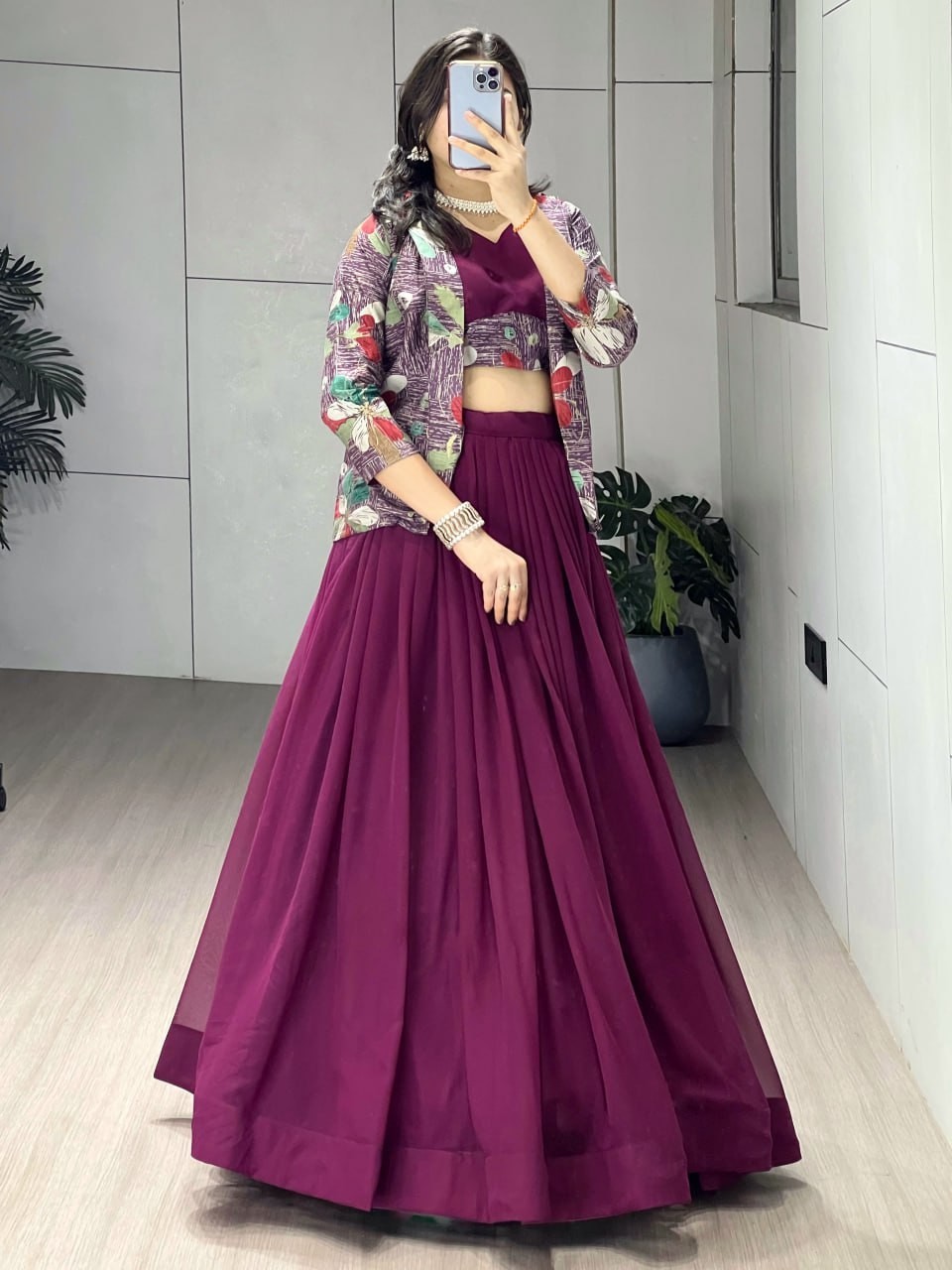Premium Georgette Lehenga Choli With Chanderi Koti Jacket Party Wear