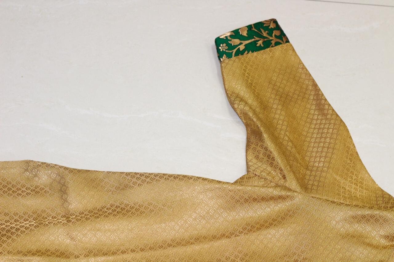 Indian Pakistani Gold Suit with Silk Jamawar Green Pants – Size 46/2XL