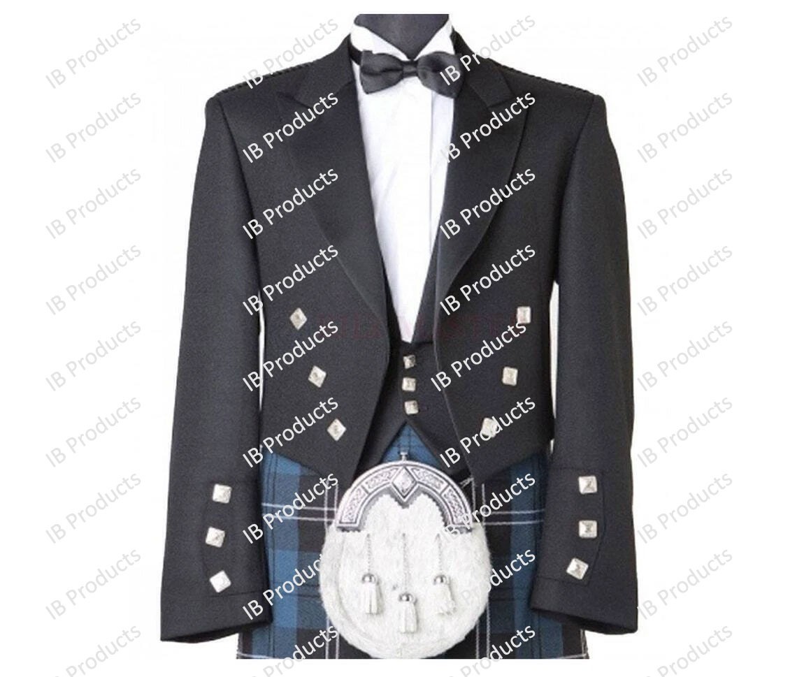 Men Black Prince Charlie Wedding Scottish Kilt Jacket with 3 Button Coatee Vest