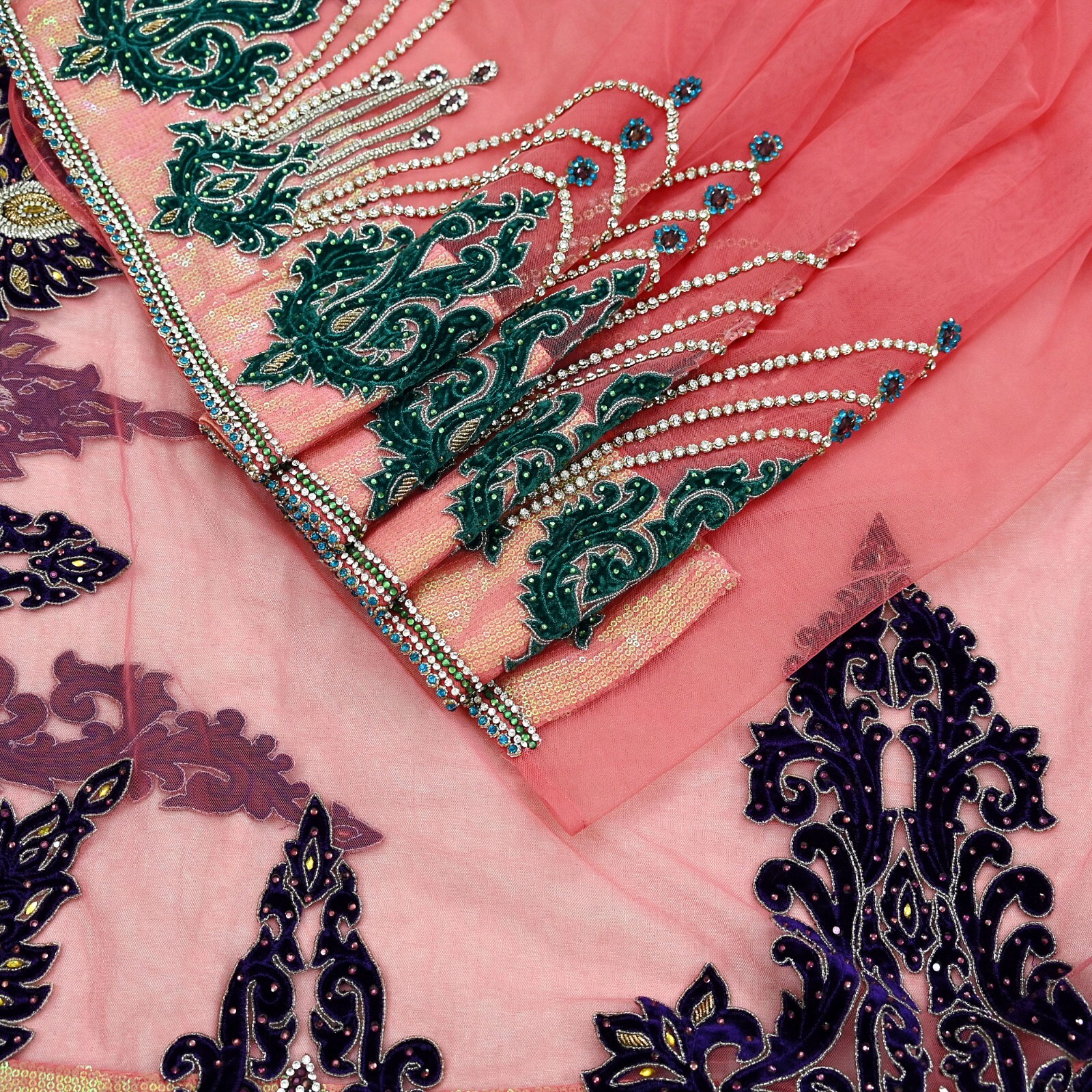 Vintage Heavy Sari Peach Net/Mesh Hand Embroidered Sarees Craft Fabric 5Yd