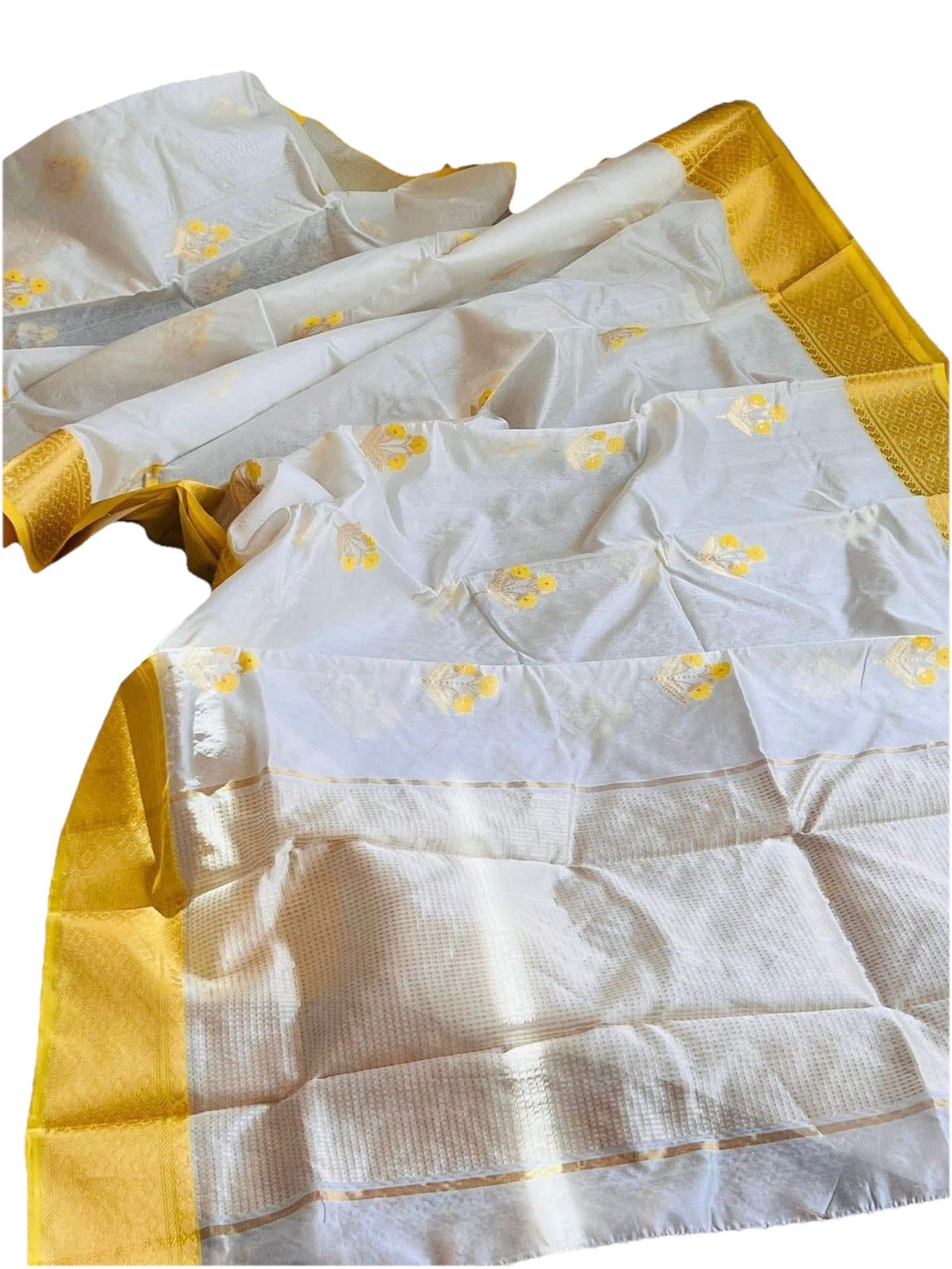 Women’s White & Yellow Border Chanderi Silk Saree/Sari with Floral Motif
