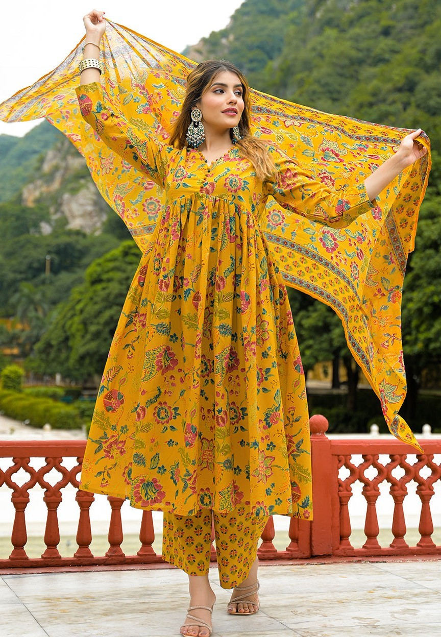 Mustard Floral Print Cotton Anarkali Kurta Pant Set with Dupatta Plus Size