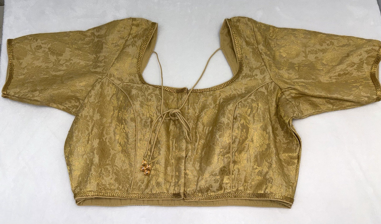 Gold Brocade Saree Blouse Size 36 Readymade Indian Choli Short Sleeve Back Ties