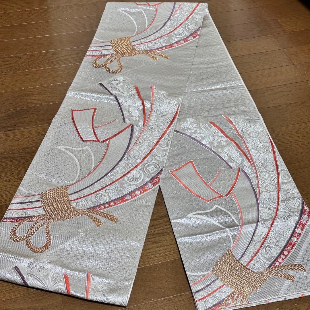 Japanese Fukuro Obi Silk Silver Floral Gold Ribbon Embroidery