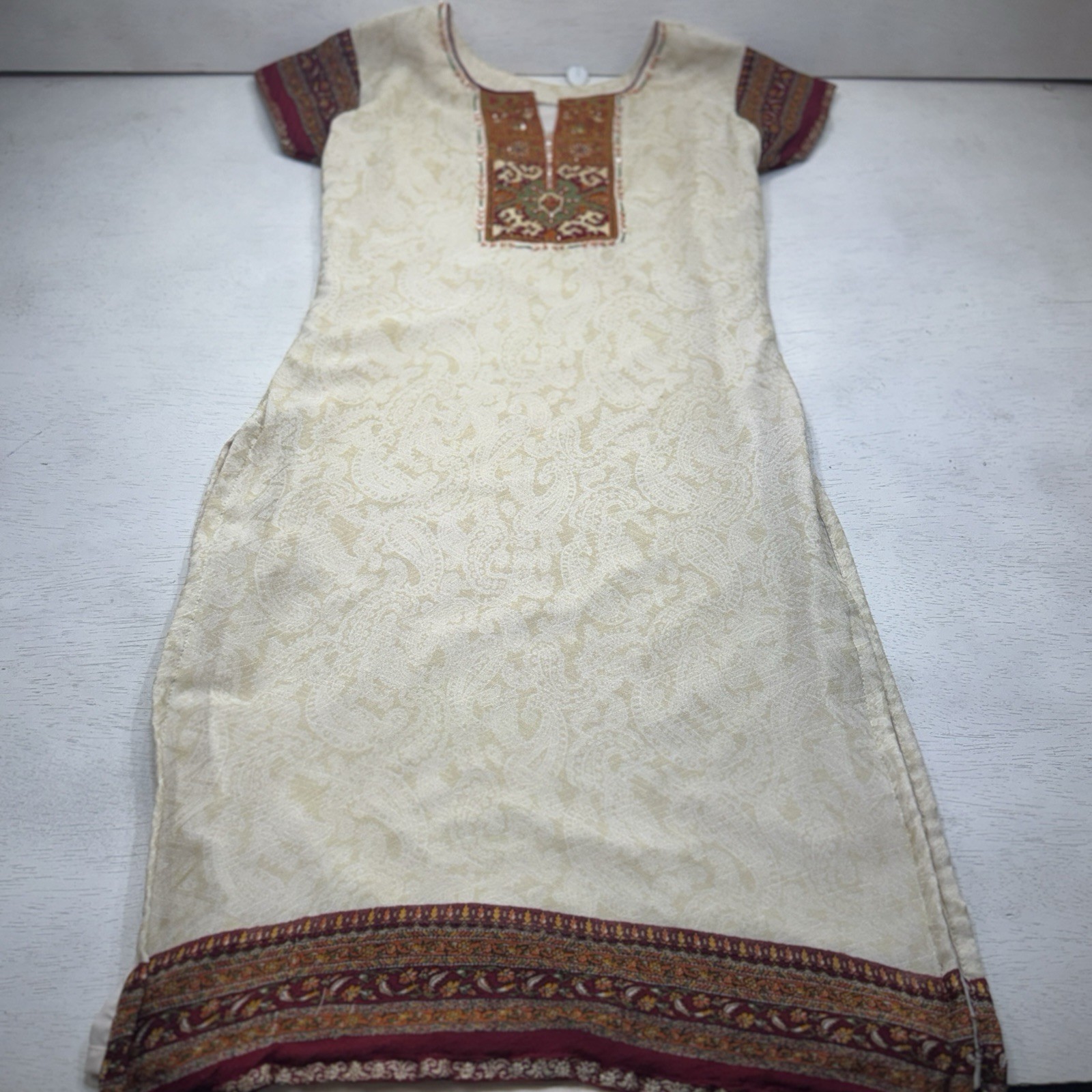Kurta Dress Tunic Small Embroidery Beige Paisley Embellished With Red Trim Lined