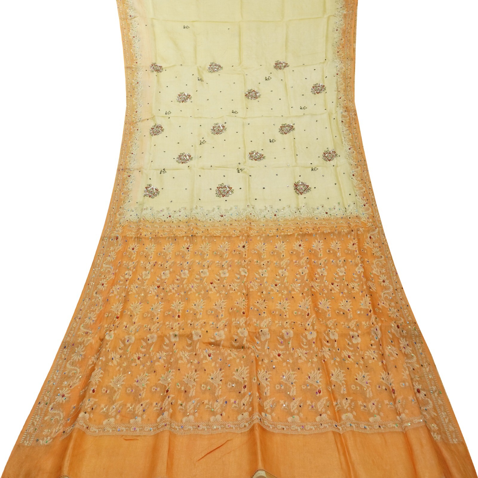 Vintage Cream Sarees 100% Pure Silk Woven Sequins Embroidered Sari 6YD Fabric