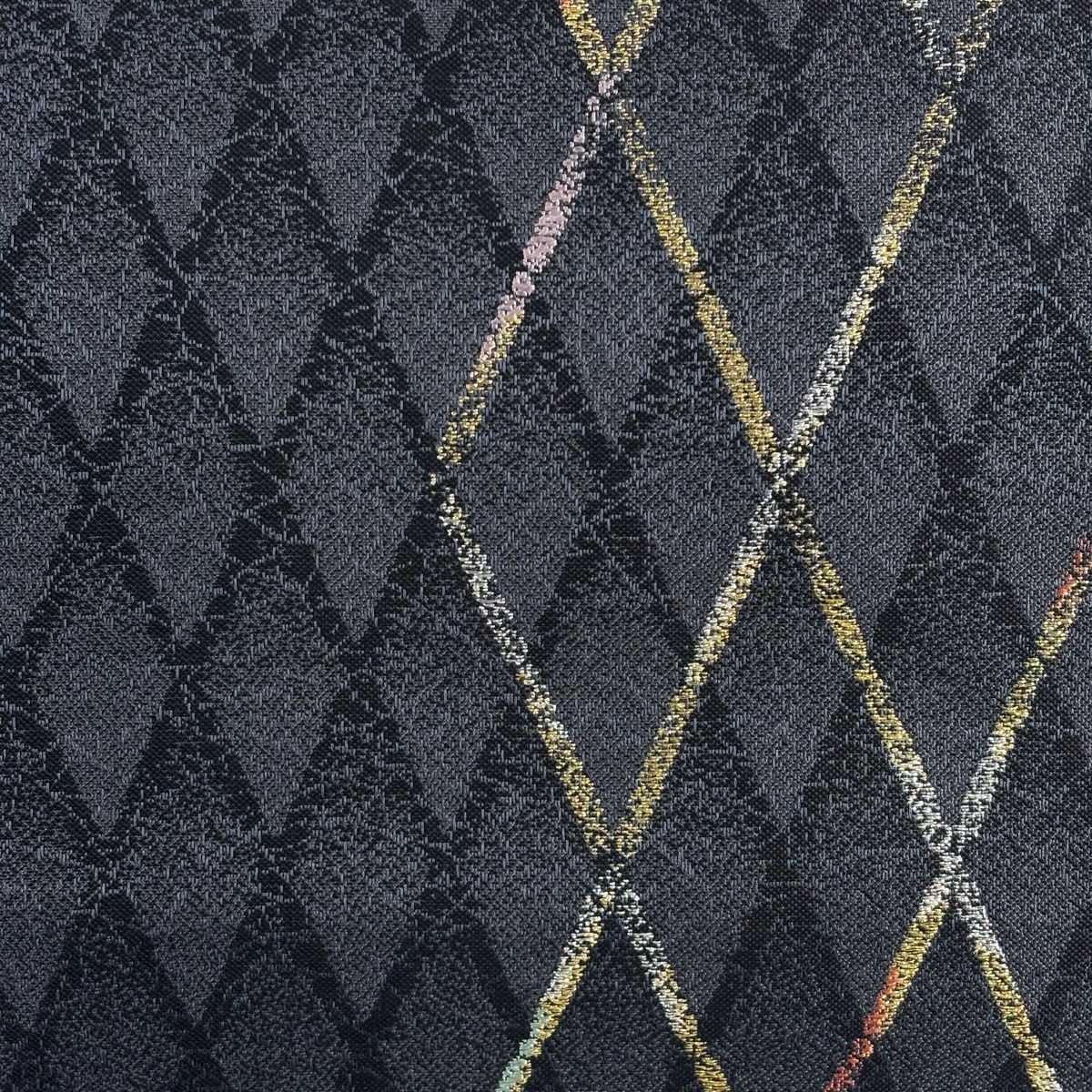 Nagoya Obi Embroidery Gold Silver Thread Diagonal Lattice Black Gray Silk 359cm