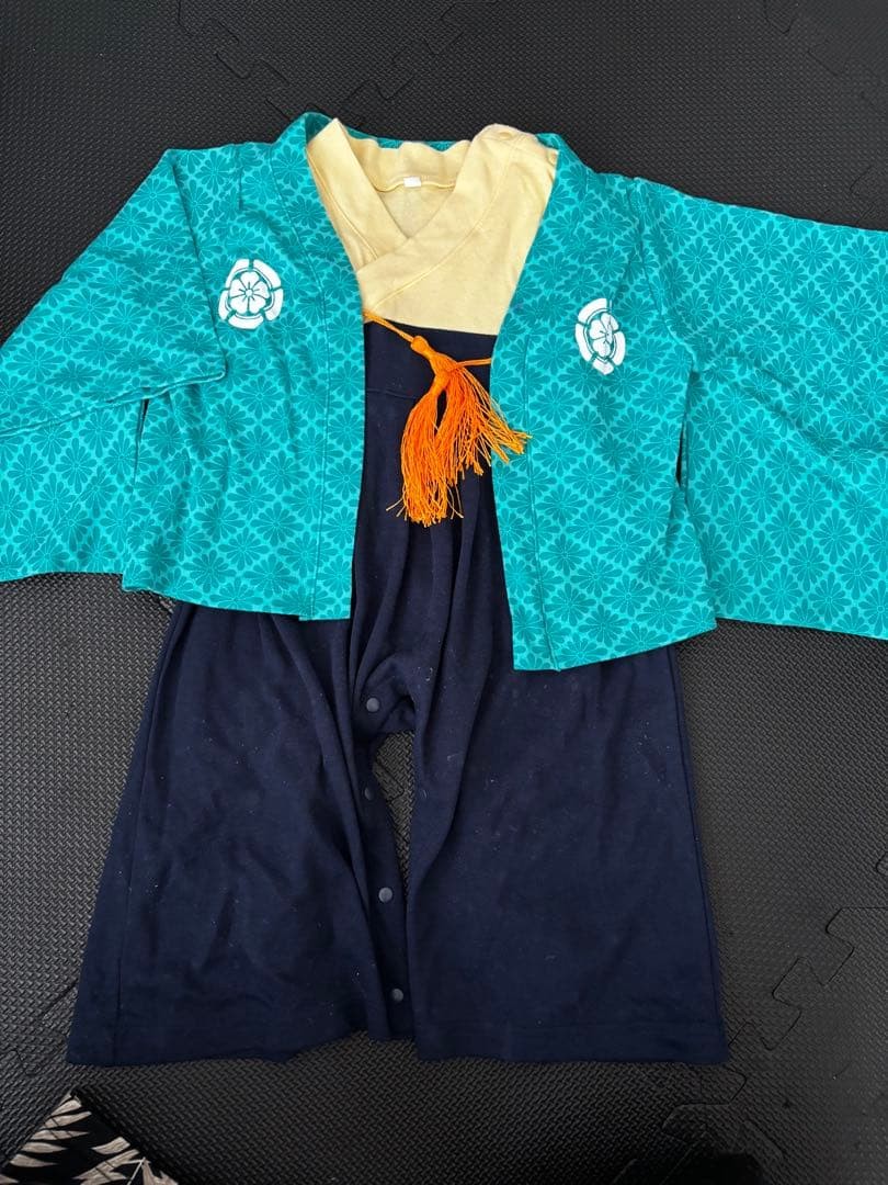 Baby Kimono Style Romper Turquoise 90cm Embellished Kiku Motif Orange Fringe