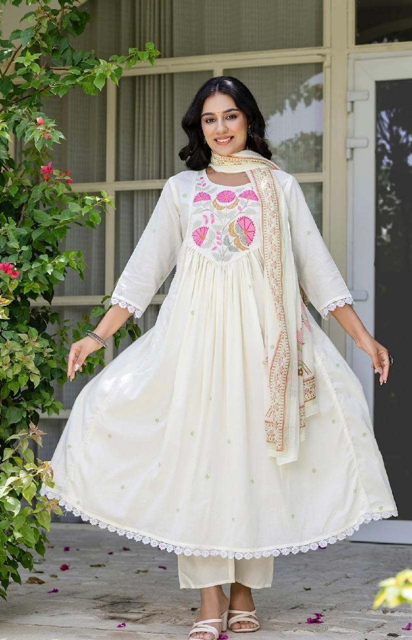 Women’s Pure Cotton Floral Anarkali Kurta Pant Dupatta Set Embroidered