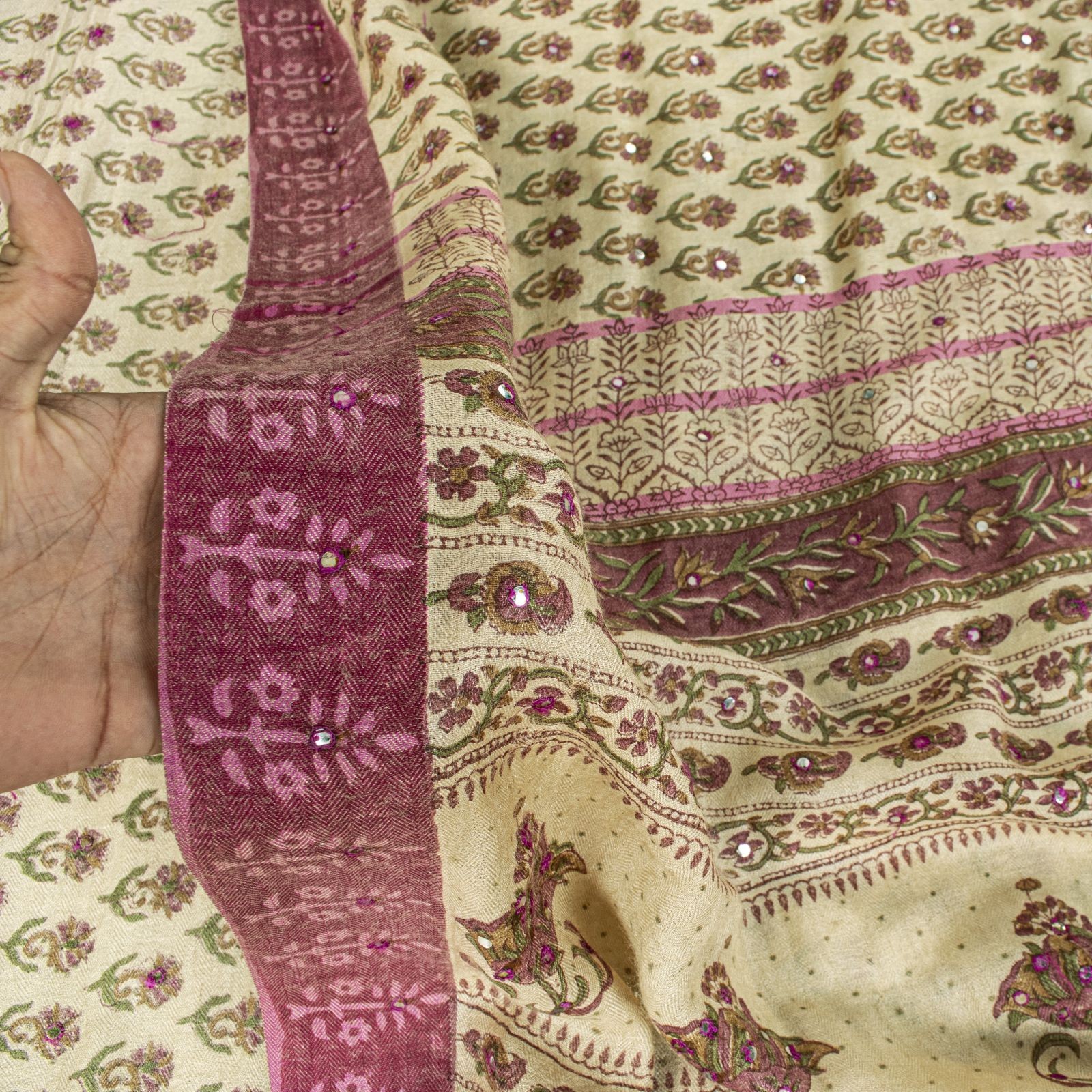 Sanskriti Vintage Saree Cream Pure Woolen Sanganeri Hand Block Print Sari 5.5+Yd
