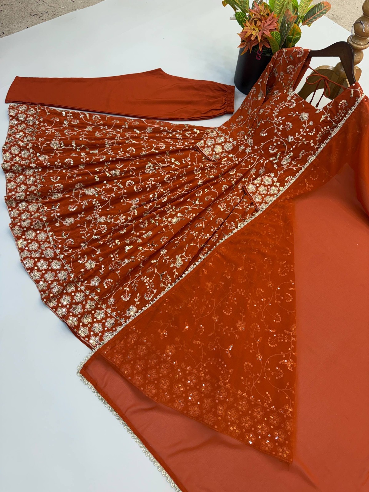 Designer Faux Georgette Orange Gown Bottom With Dupatta For Indian Party Wear