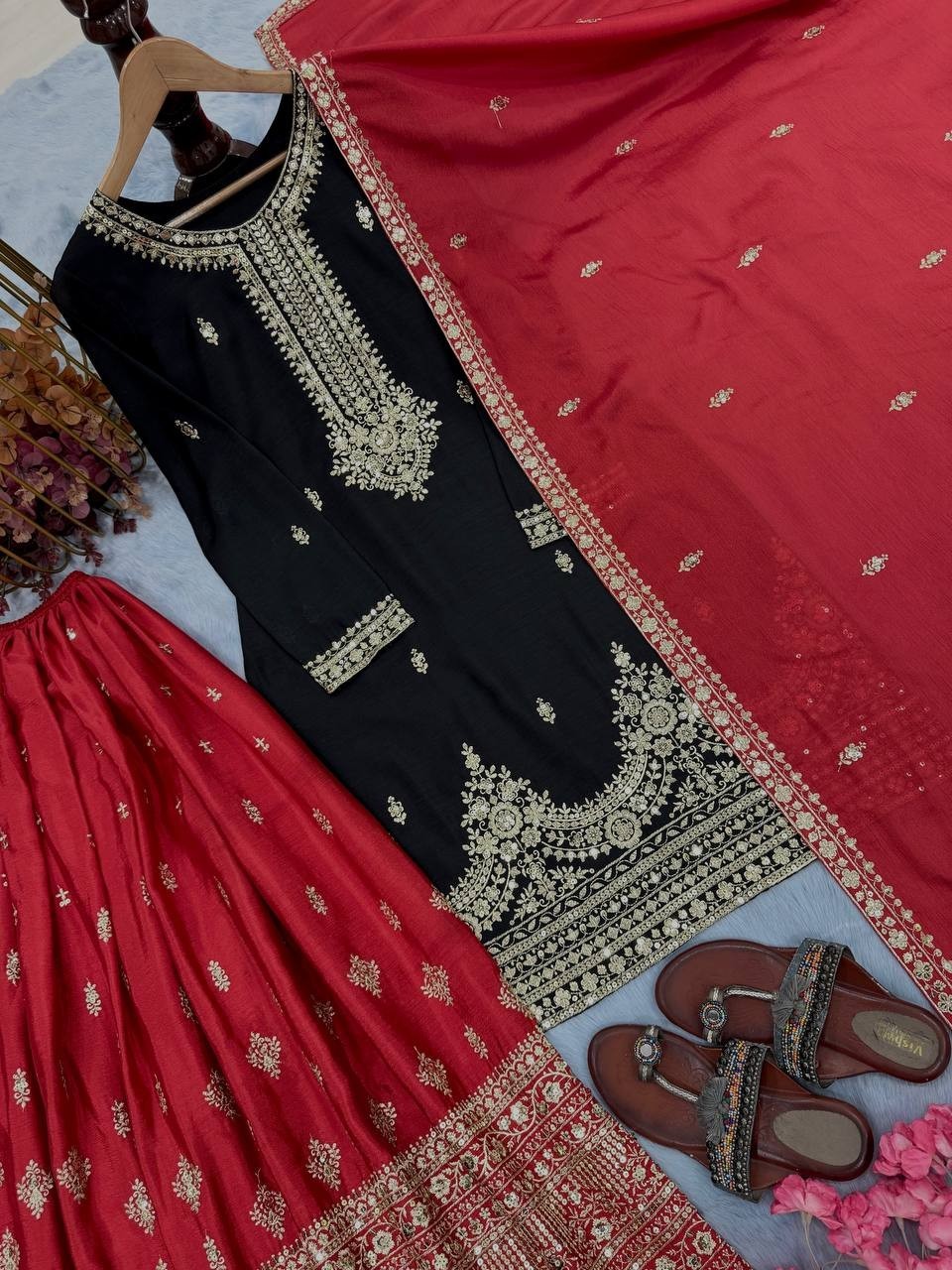 Beautiful Look Black Chinon Silk Kurta Palazzo With Dupatta For Women & Girls