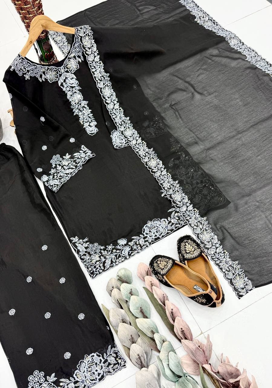 Party Wear Black Mal Chanderi Top Palazzo With Dupatta For Women & Girls