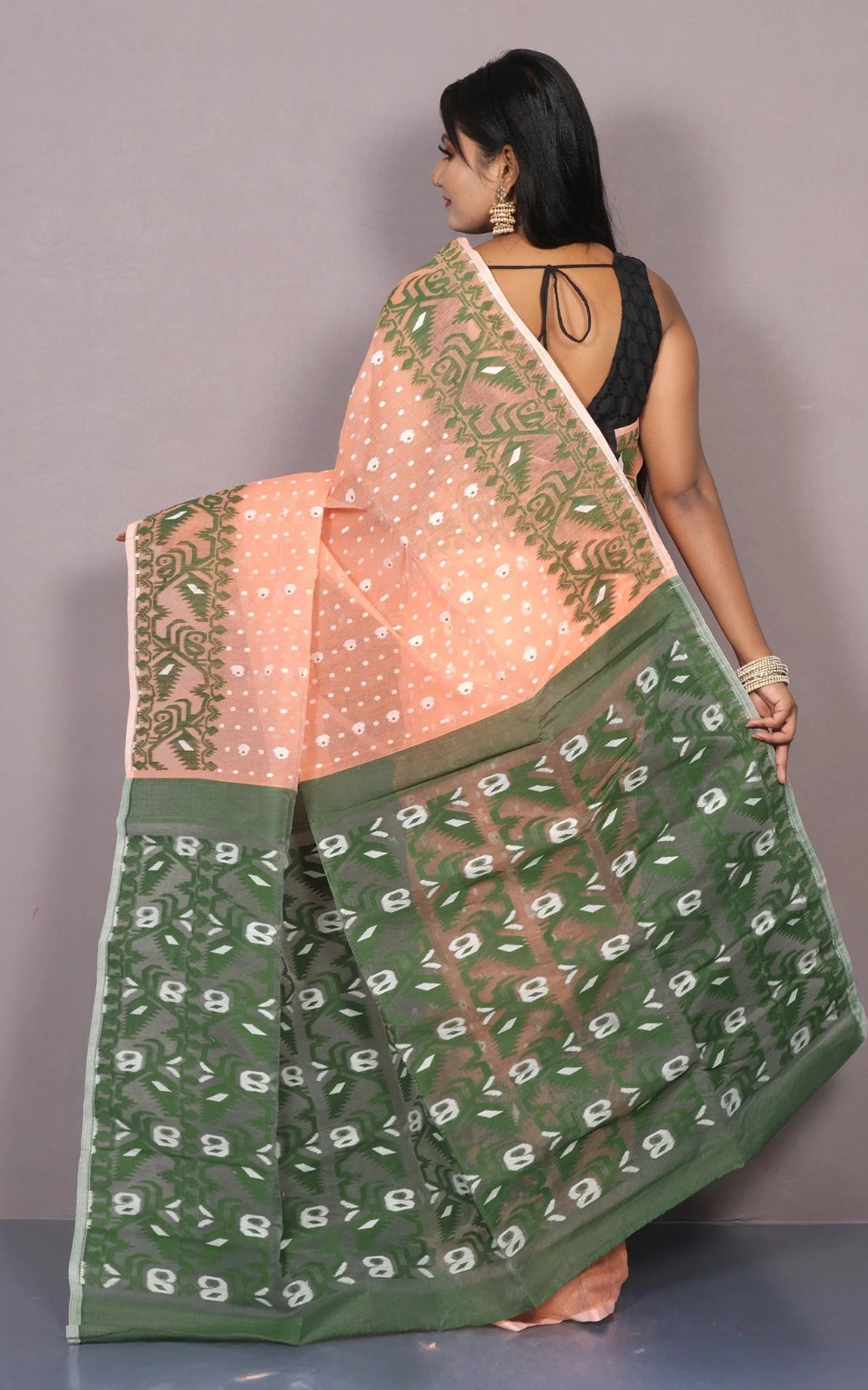 Women’s Peach Cotton Muslin Soft Jamdani Saree Nakshi Work & Unstitched Blouse