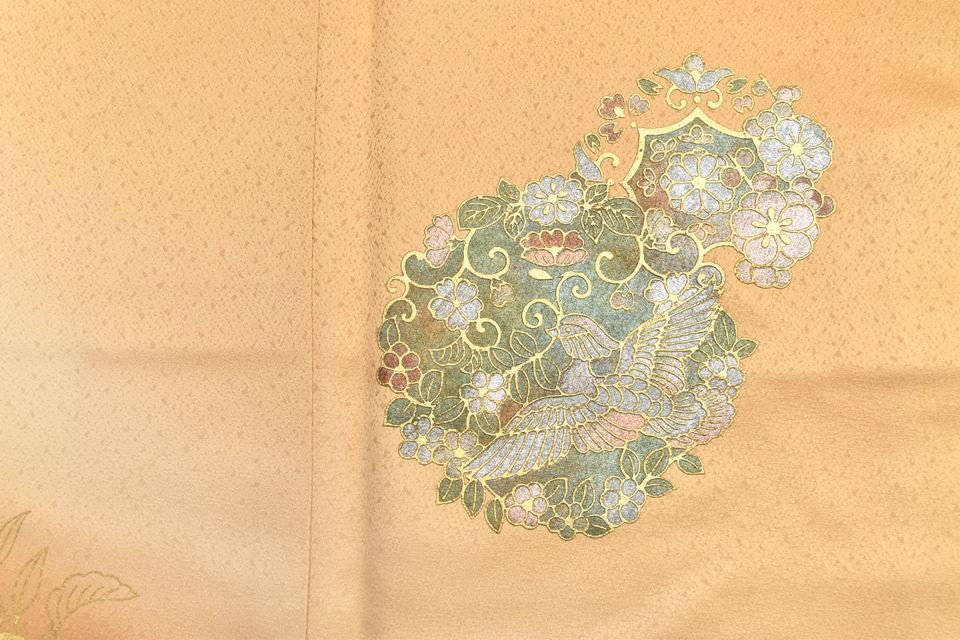 Vintage Japanese Kimono | Houmongi | Gold Ochre Silk | Bird Botanical | rr2012b