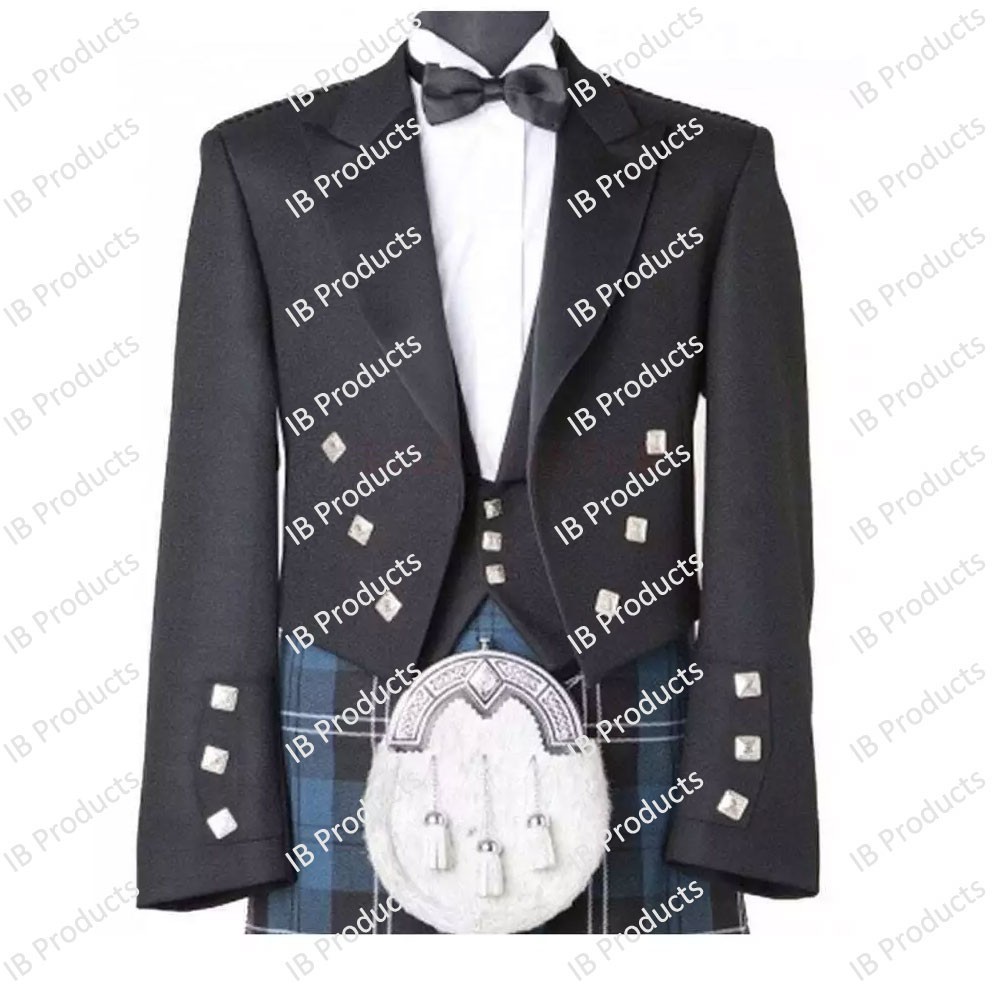 Men Black Prince Charlie Wedding Scottish Kilt Jacket with 3 Button Coatee Vest