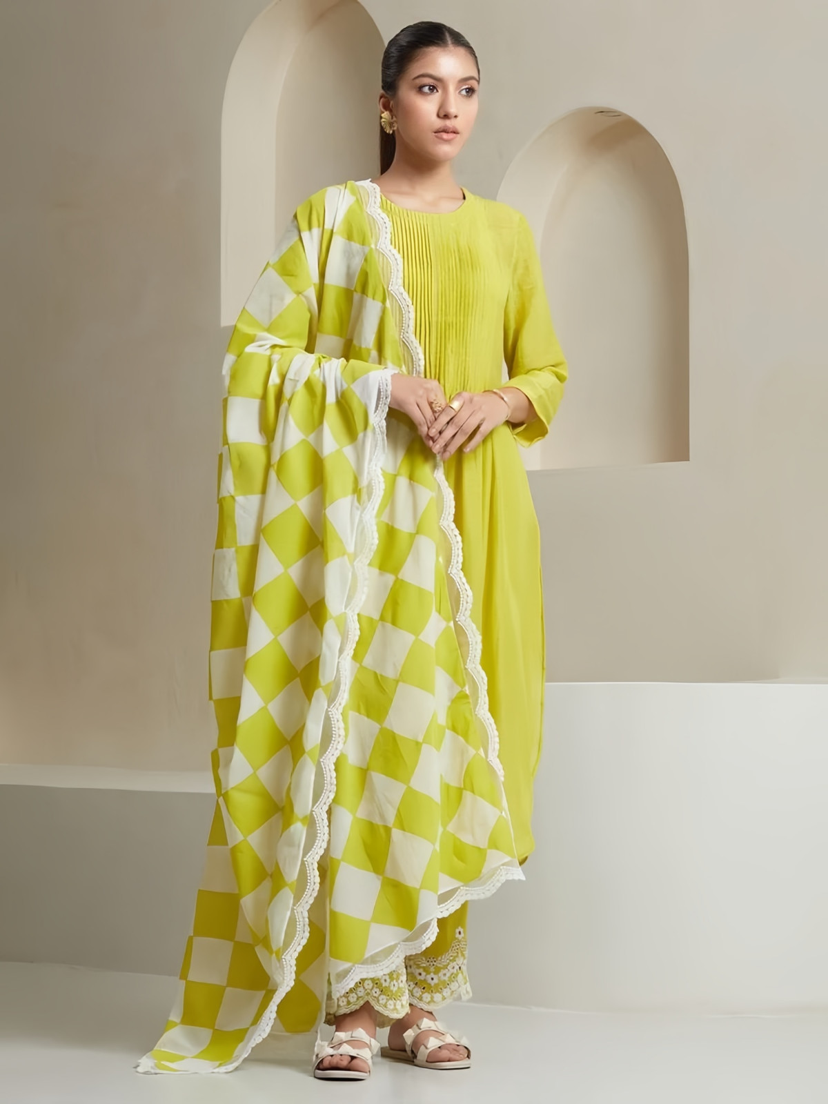 Lime Yellow Kurta with Embroidered Palazzo Pants 3/4 Sleeve Casual Wear Set