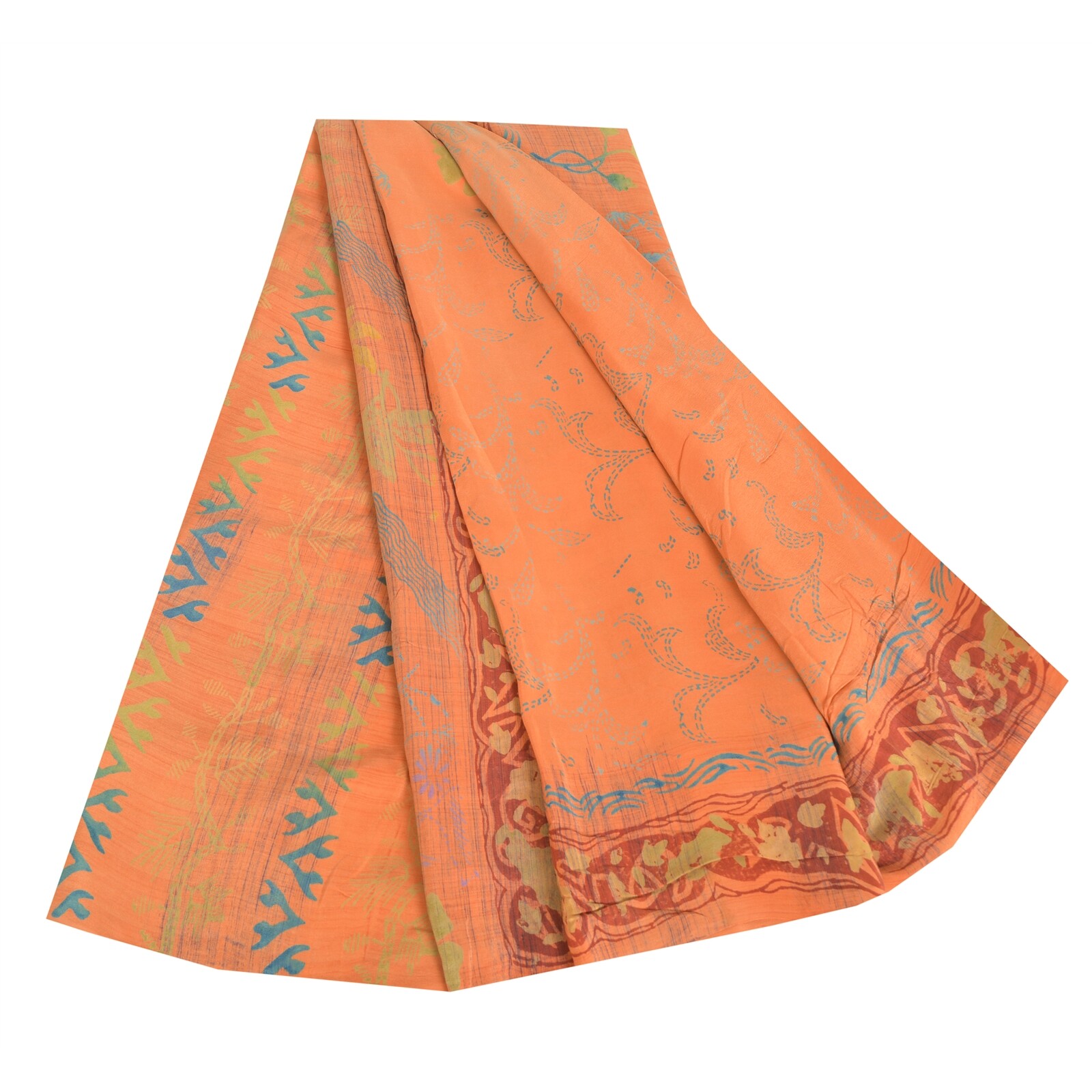 Sanskriti Vintage Printed 100% Pure Crepe Silk Sarees Peach Sari Craft Fabric