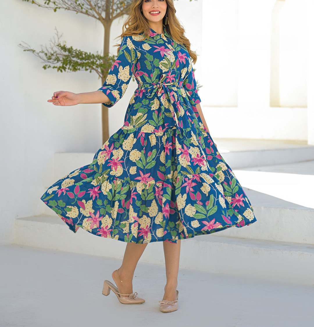 Blue Cotton Shirt Collar Plus Size Midi Dress for Women Casual Flowy Dress 7xl