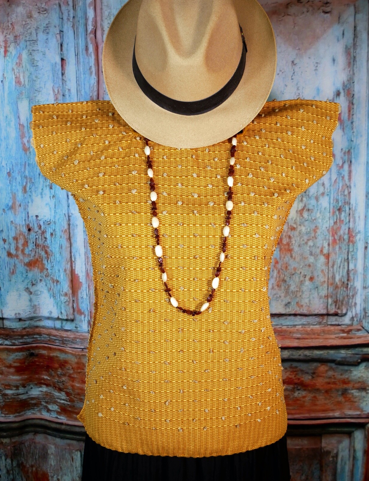 Huipil Tunic Top Handwoven Backstrap Loom Gold & Beige Mayan Chiapas Mexico Boho