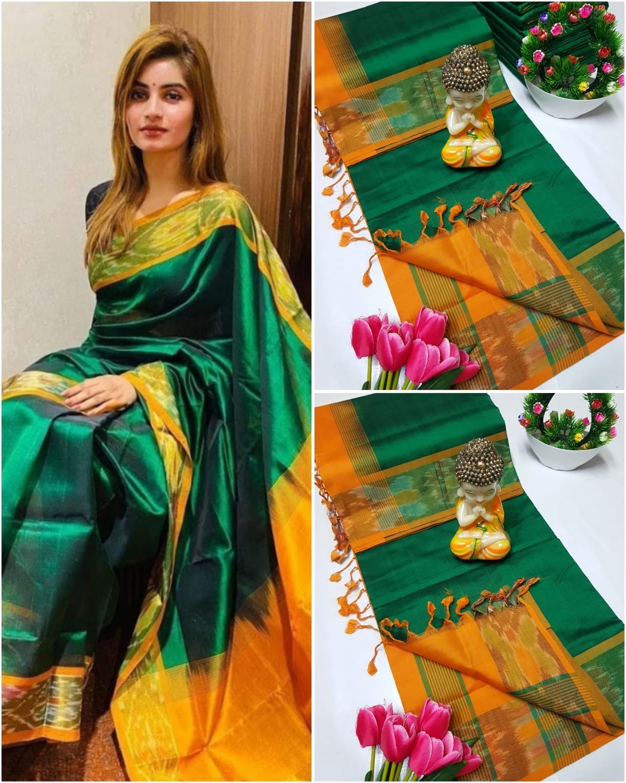 Tripura Silk Handwoven Saree Pochampally Border Running Blouse Wedding Wear