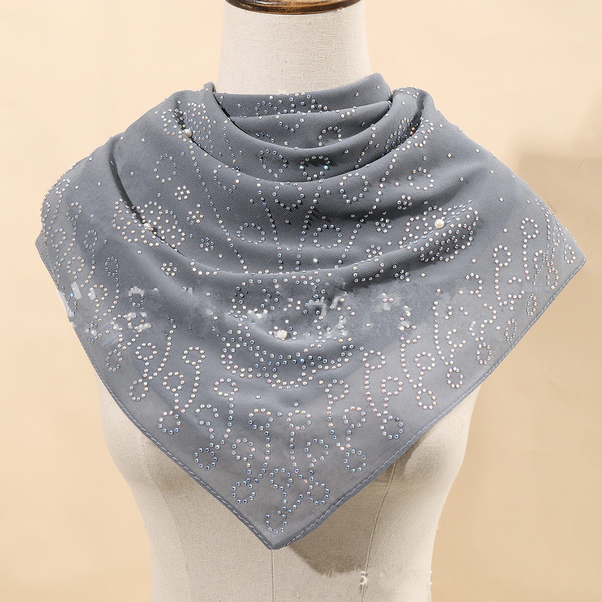 Rhinestone Pearl Chiffon Large Square Scarf Turban Muslim Hijabs Kerchief Shawls