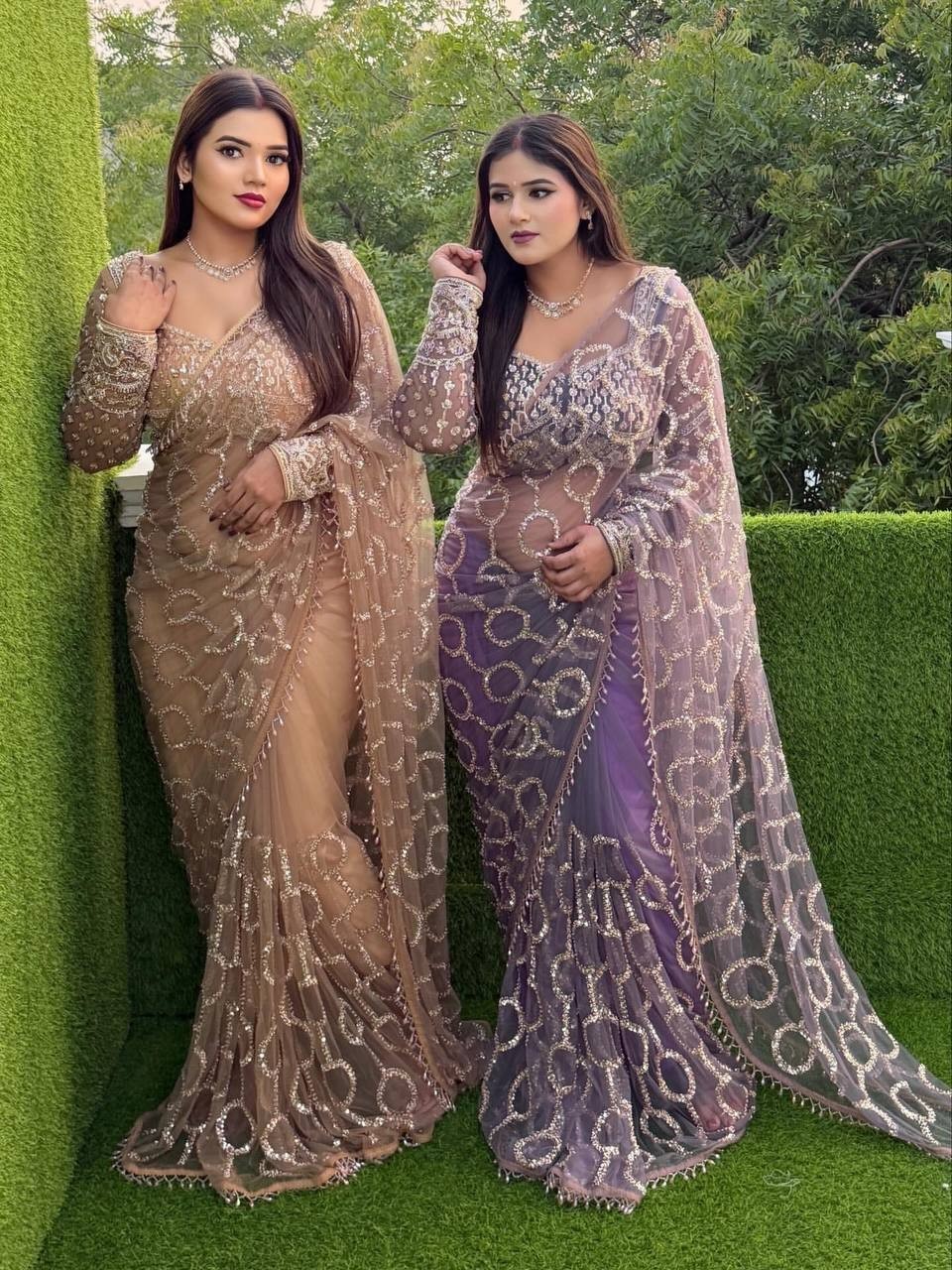Indian Designer Soft Net Saree Sequins Beads Embroidery Scallop Border Partywear