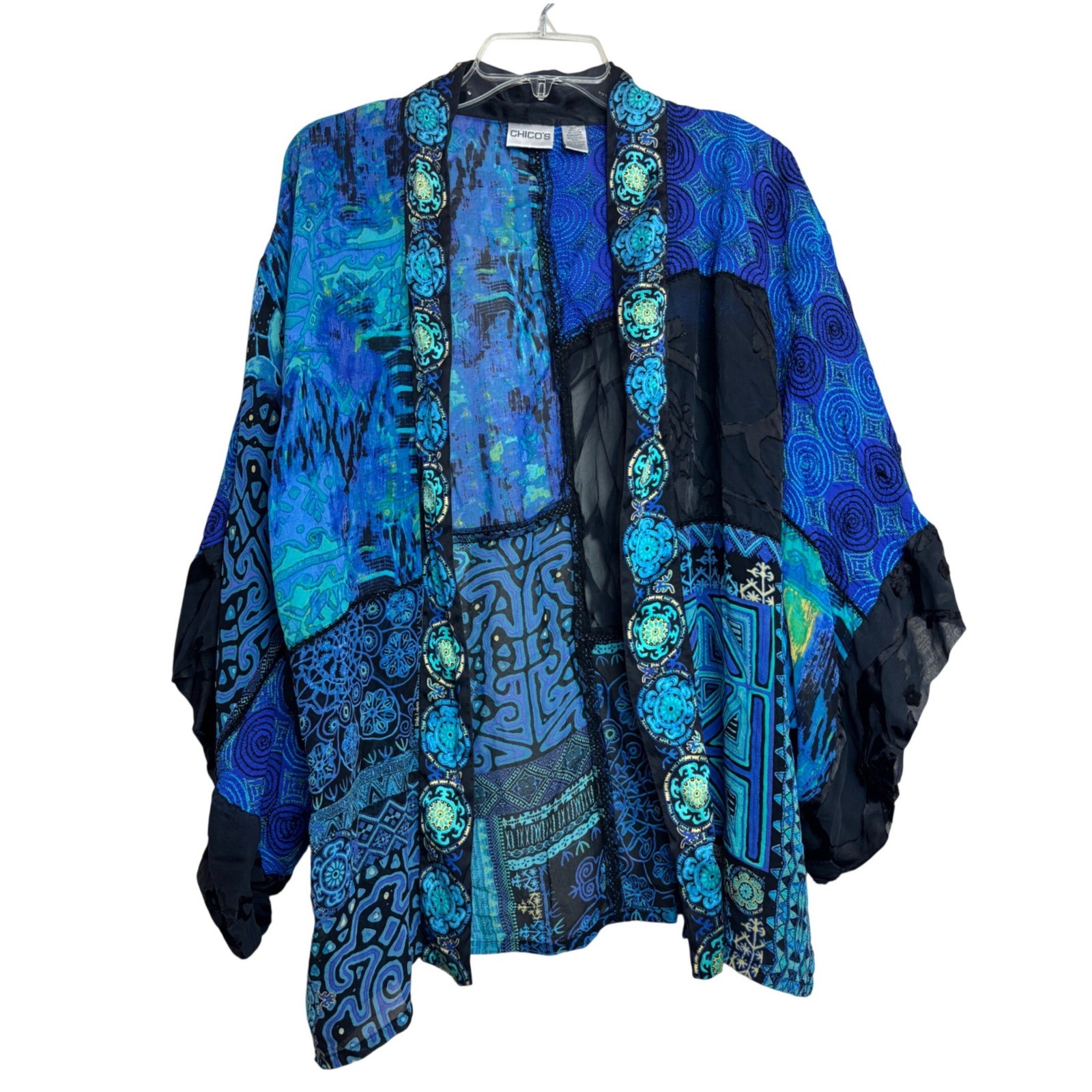Chico’s Kimono Jacket Womens M/L Blue Patchwork Silk Blend Coastal Chic Boho Art