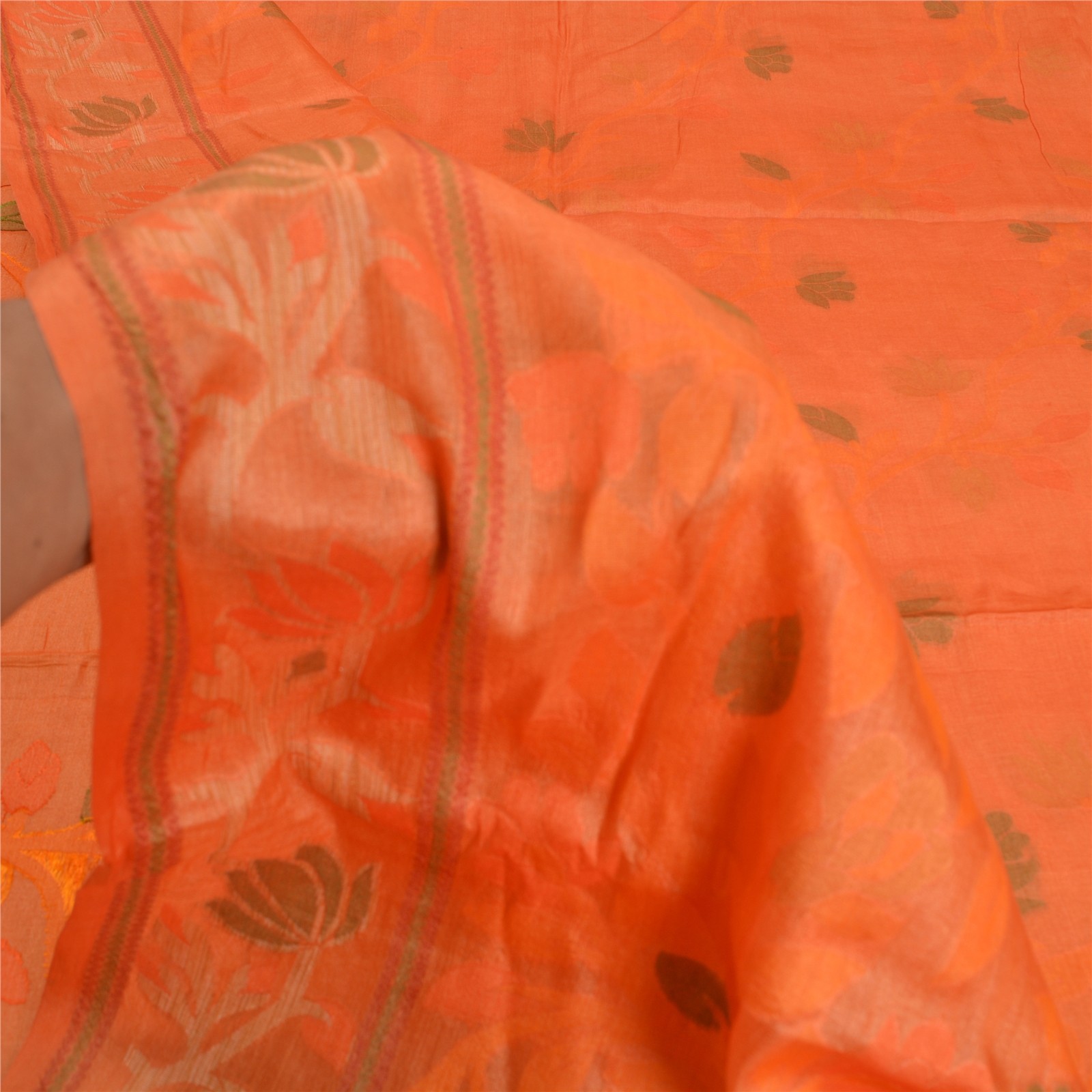 Sanskriti Vintage Orange Sarees Pure Silk Hand Woven Sari 5Yd Handloom Fabric