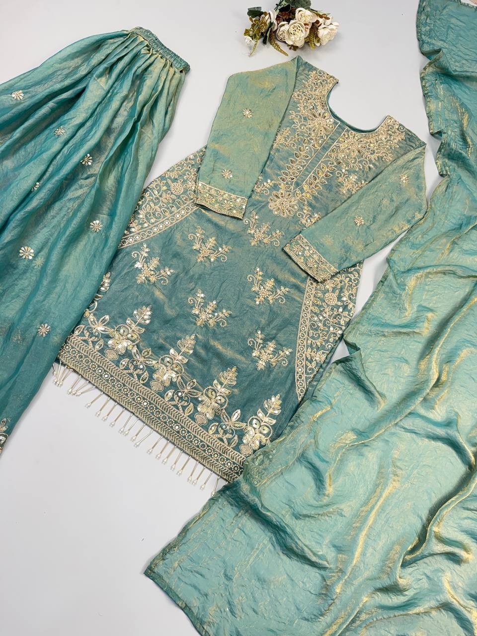 Designer Pakistani Readymade Silk Sharara Suit Embroidery Dupatta Set