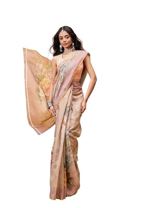 Beige Floral Print Cotton Blend Saree with Unstitched Blouse Festival Party Wear