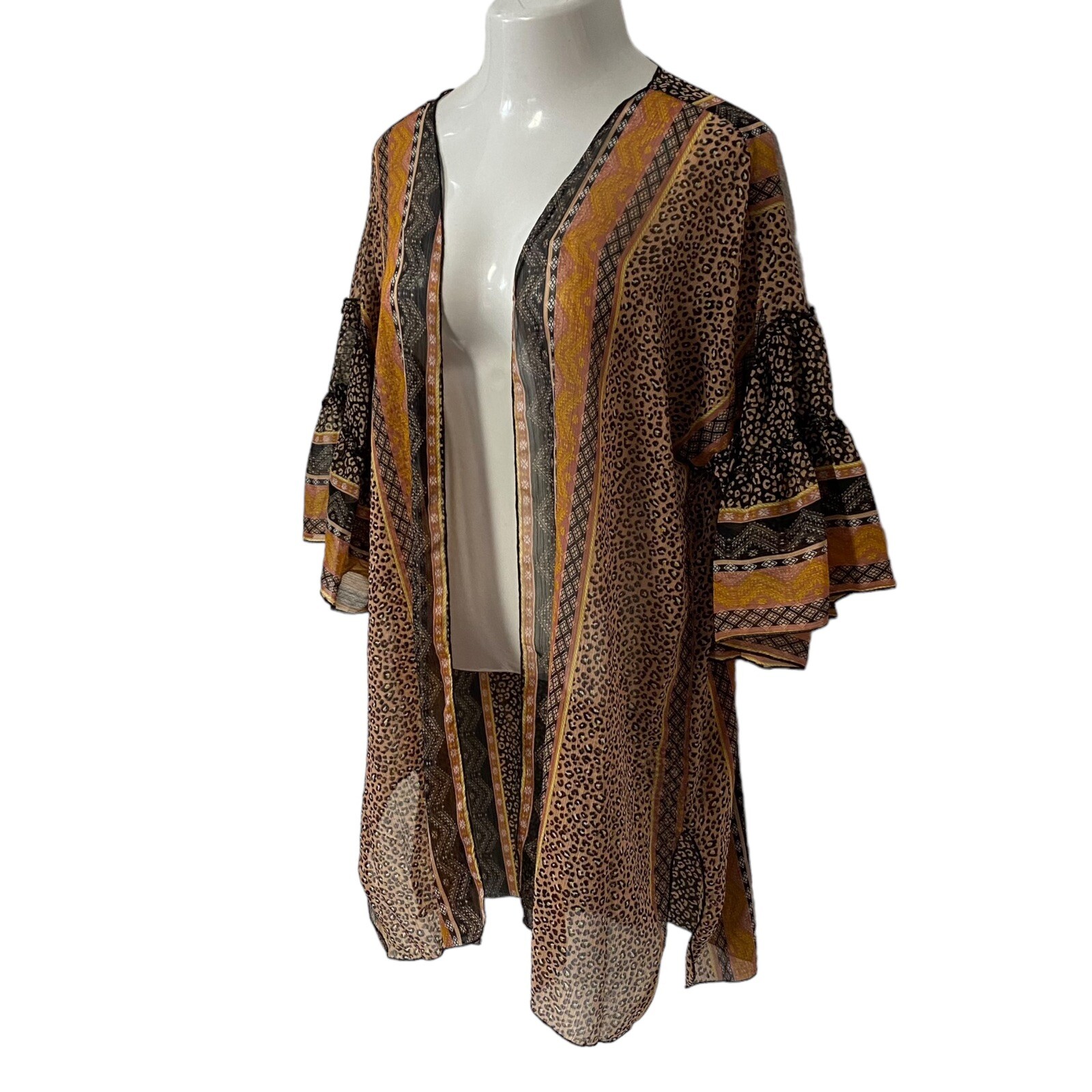 Democracy Kimono Womens Large Duster Brown Animal Ruffle Lagenlook Boho Office