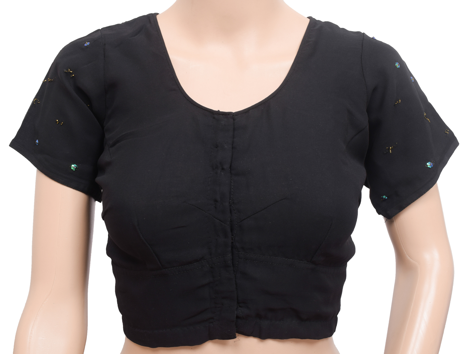 Sushila Vintage Stitched Women Sari Blouse Woven Black Georgette Silk Choli 36