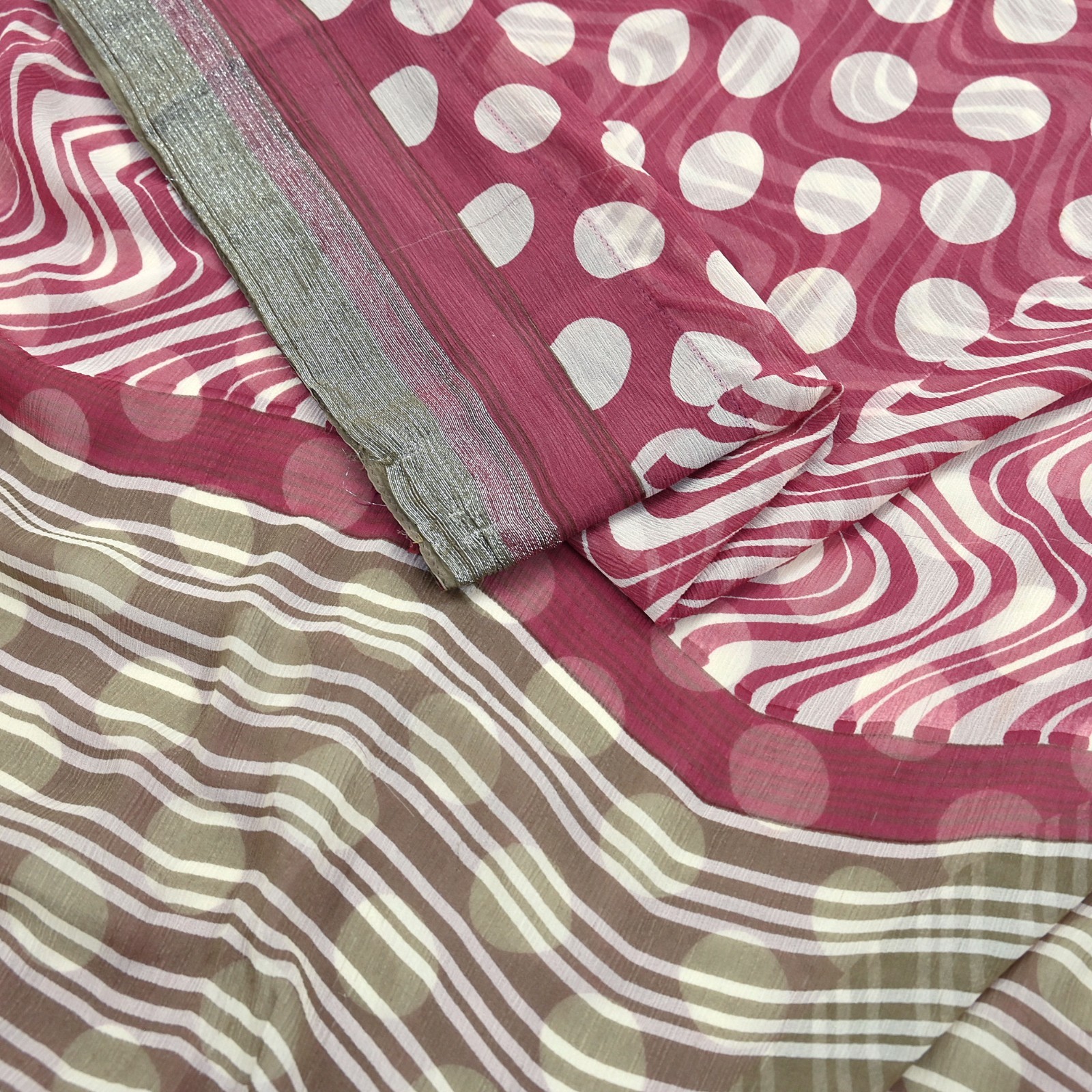 Vintage Pure Chiffon Silk Saree Printed Abstract 5 Yards Fabric DressMaking Zari