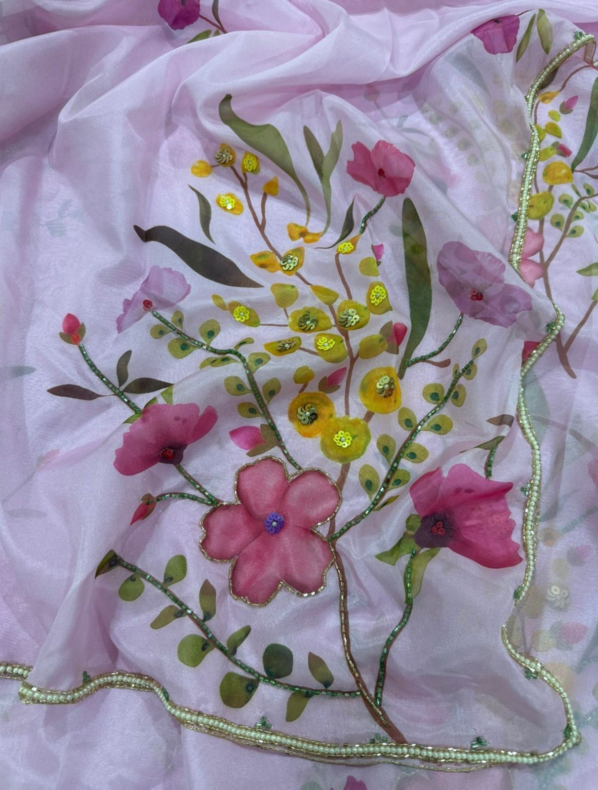 Tebby Silk Floral Saree with Cutdana & Sequence Handwork With Cutwork Border