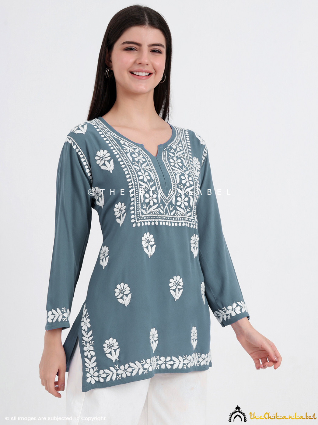 Gray Rayon Chikankari Short Top | Lightweight Indian Tunic | Casual Wear