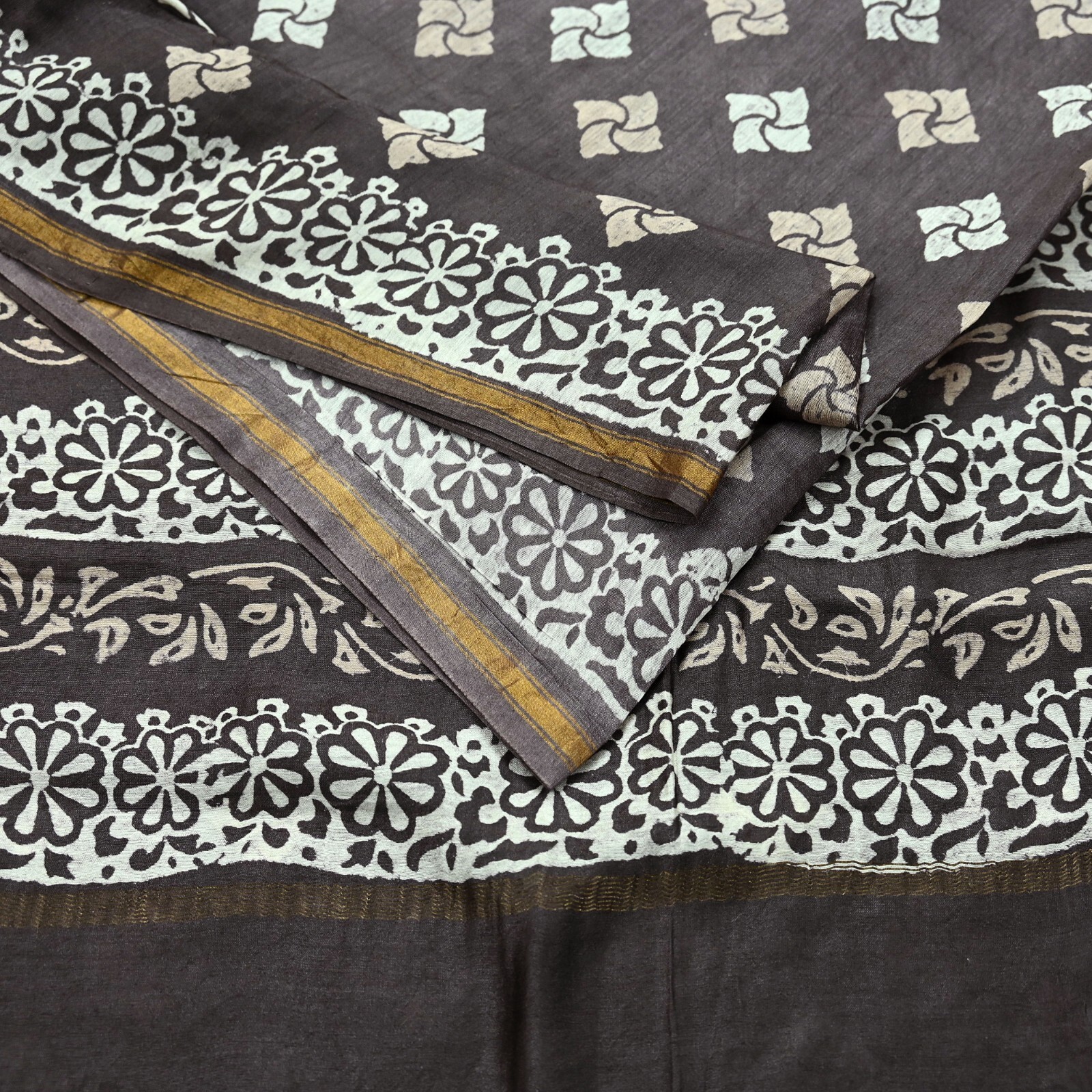 Indian Vintage Sari Brown & Ivory Pure chanderi Silk Block Printed Sarees Fabric