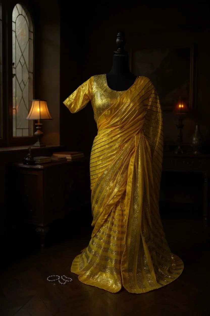 Beautiful yellow Sequins Saree With The Unstitched Blouse Partywear