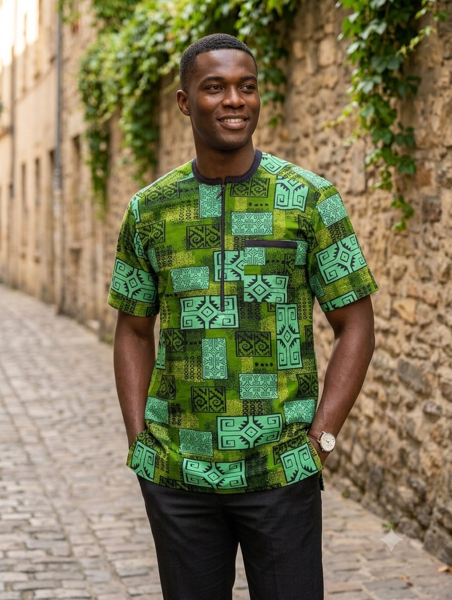 Handmade Men’s African Print Cotton Short Sleeve Shirt, Green, Sizes XL to 3XL