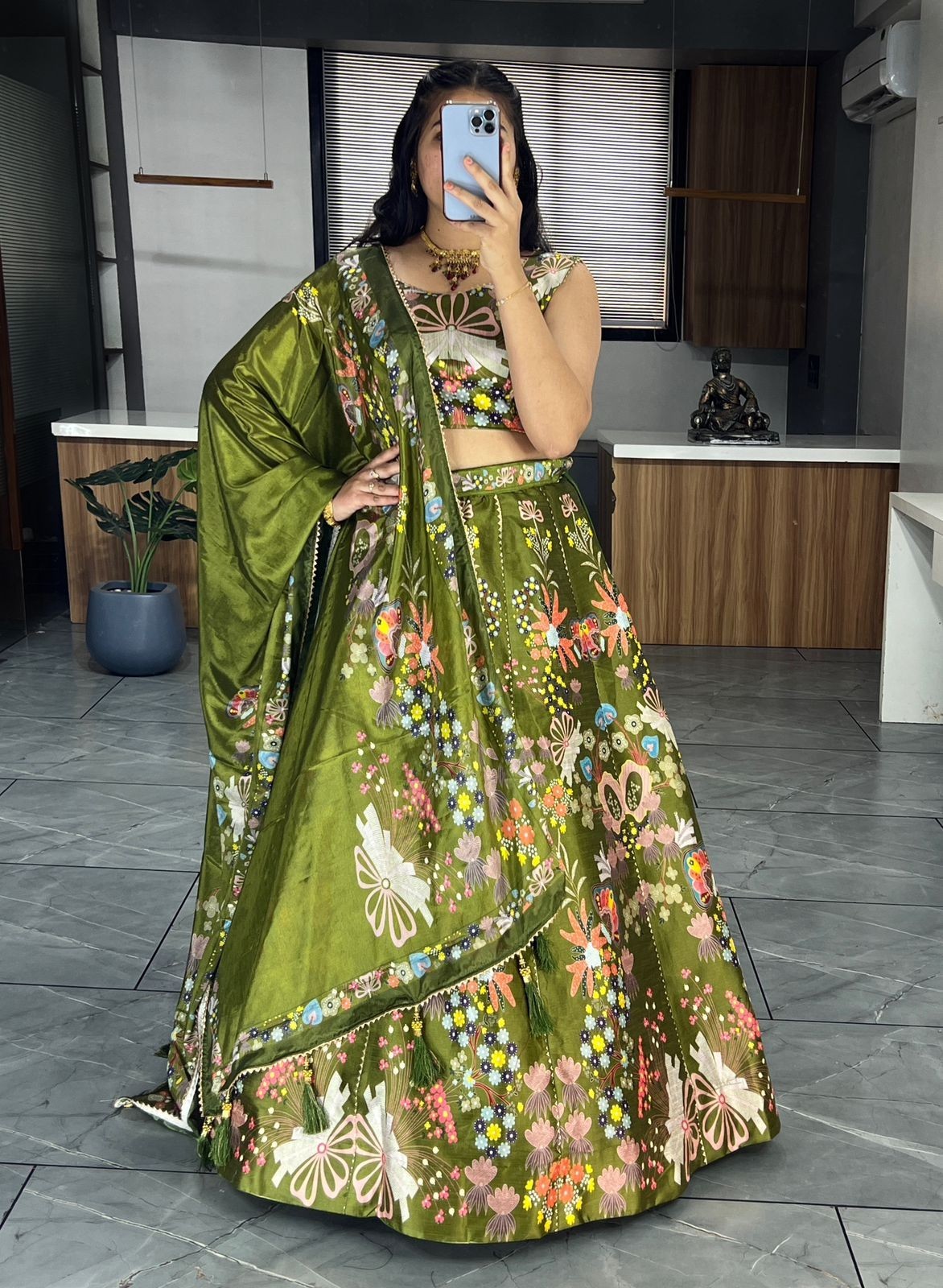 Art Silk Lehenga Choli Women Printed Gota Patti Work Party Wedding Wear