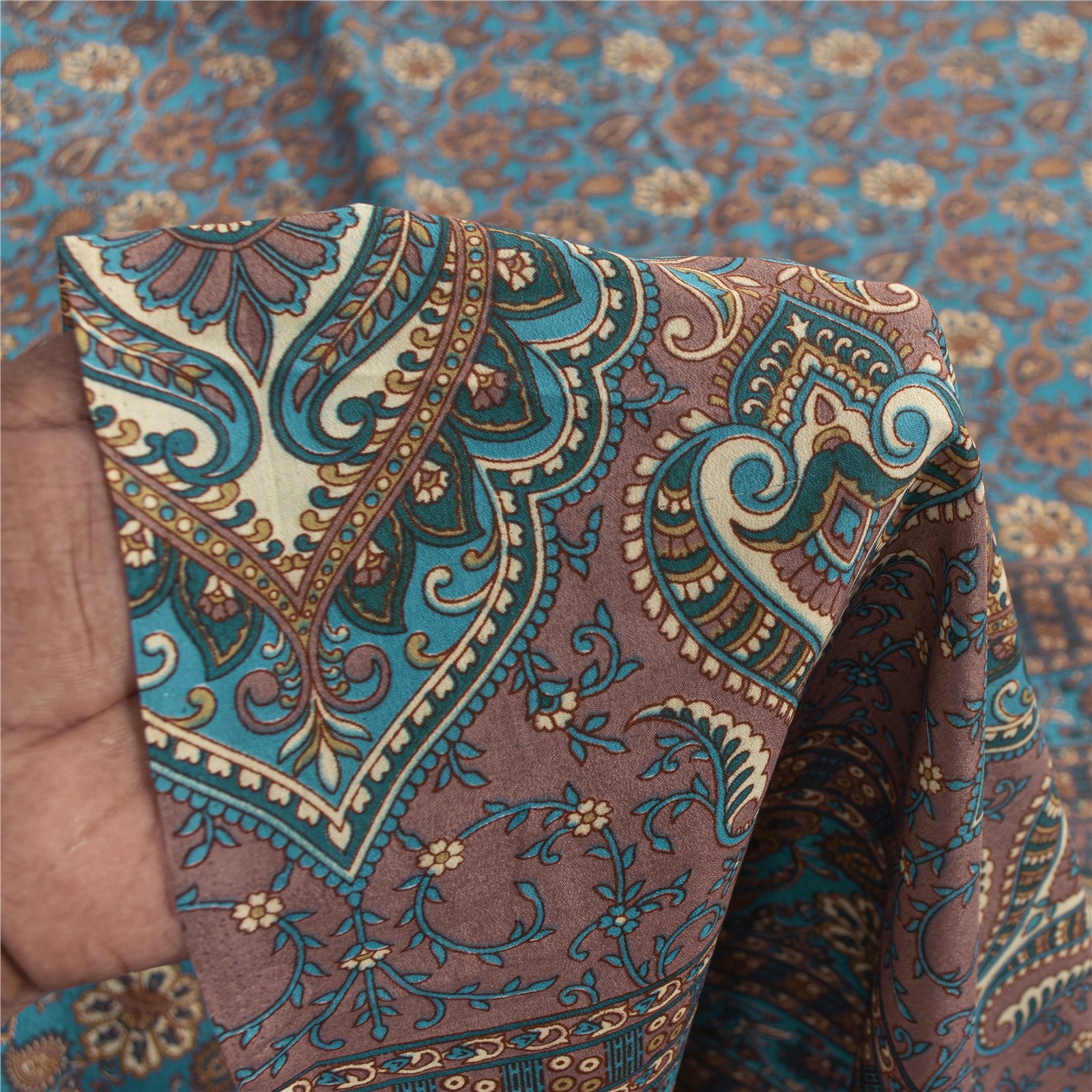 Sanskriti Vintage Blue Indian Sarees Moss Crepe Printed Sari 5Yd Craft Fabric