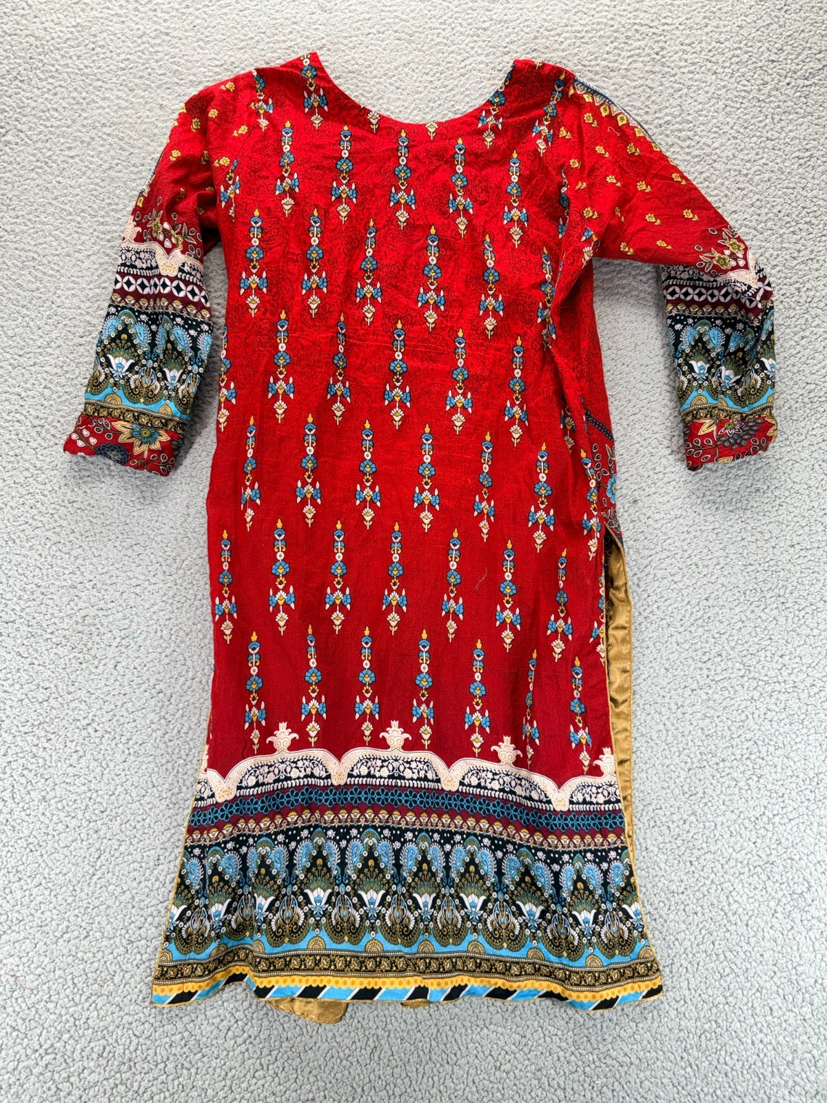 Kurti Tunic Top Large Red Blue Floral Pakistani Indian Boho Maximalist Artisan