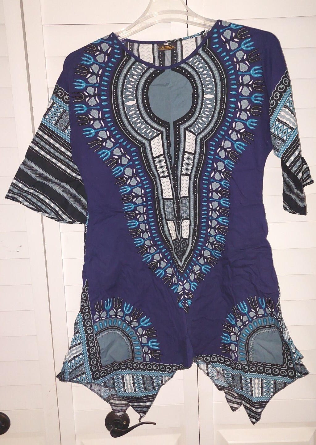 Dashiki Womens Colorful Blue/Black/White Ethnic Print Small Top