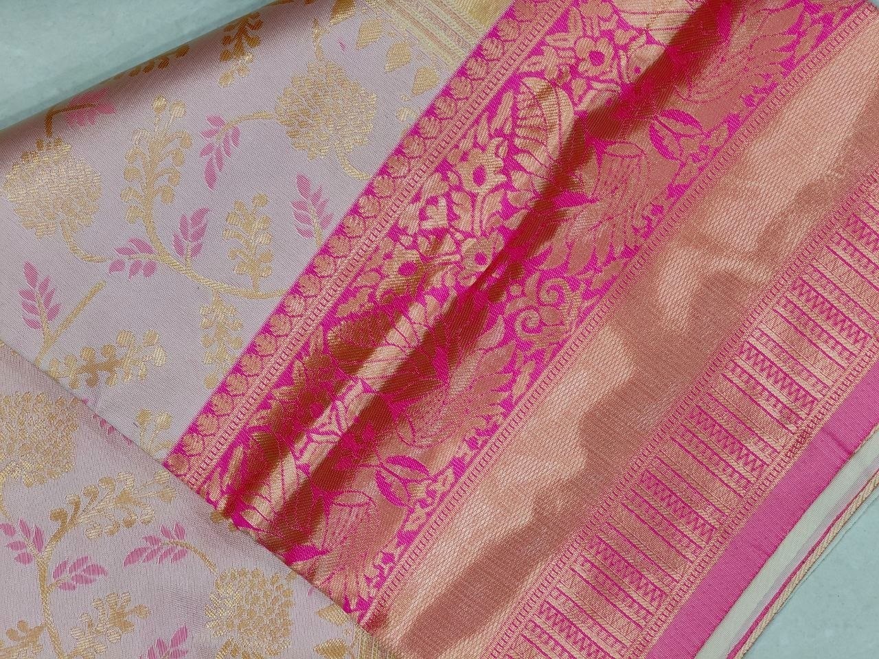 Wedding Wear Golden Beige Pink Lichi Silk Saree Jacquard Weaving Indian Ethnic