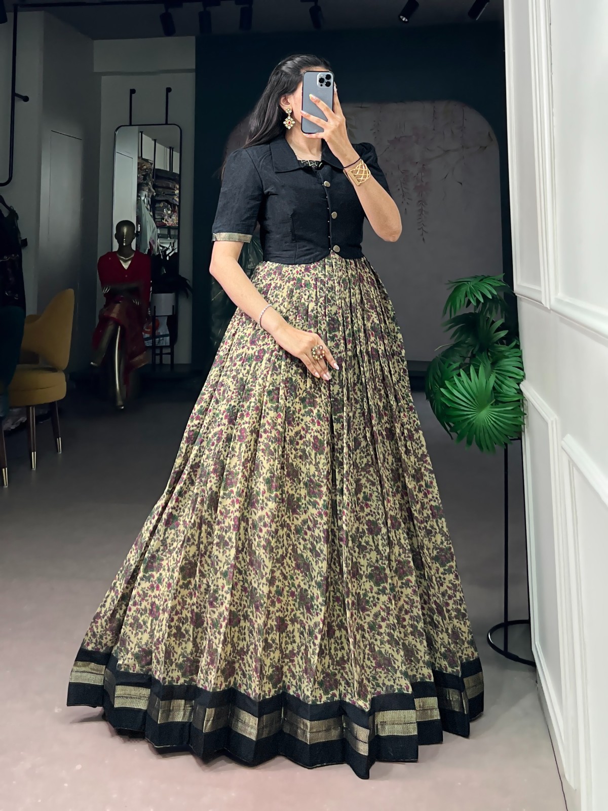 Women’s Chanderi Cotton Dress Koti Set Printed Zari Weaving Ethnic Party Wedding