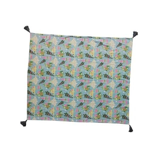 Cotton Slub Throw with Christmas Trees and Tassels, Multicolor