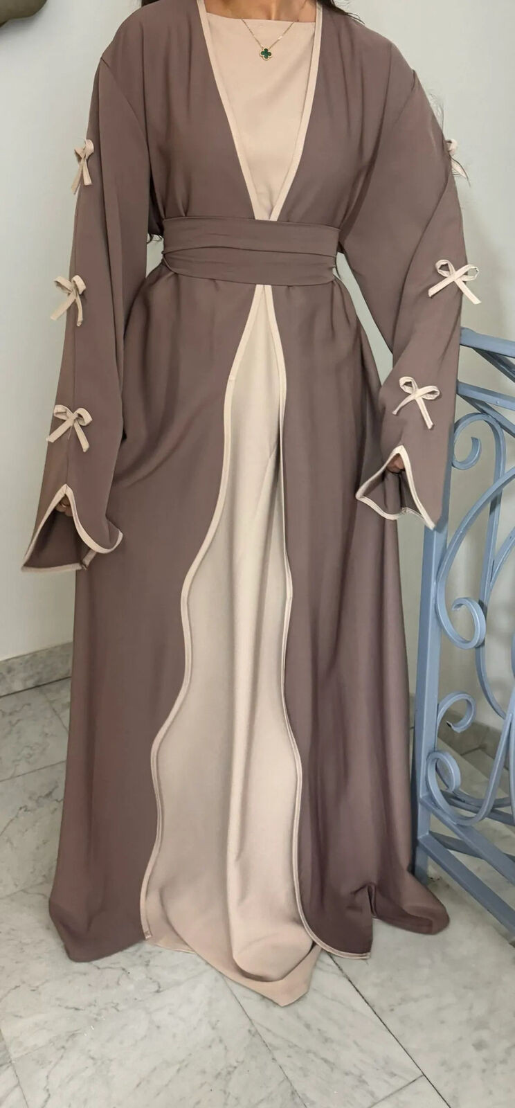 Muslim Eid Gown Modest Abaya Women Bow Batwing Sleeve Kaftan Dress Waist Robe